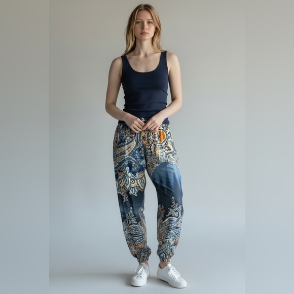 ONE WORLD Pants - NWT Mezon‎ Blue Paisley Boho Jogger Pants XL Soft Lounge Festival